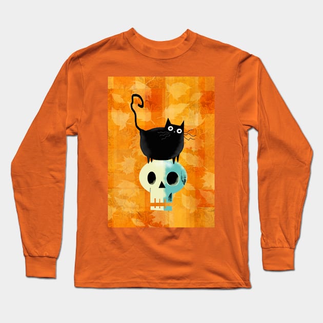 Autumn Cat and Skull Long Sleeve T-Shirt by Scratch